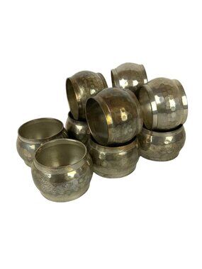 Hammered Silvertone Brass Napkin Rings Set Of 10 With Patina Finish Made In Indi